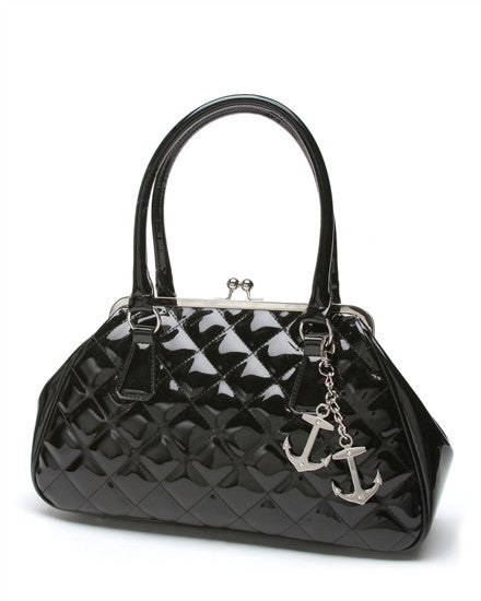 Lux de Ville Bon Voyage Kiss Lock Purse with Diamond Stitching in Shiny Black