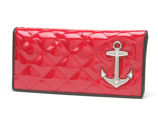 Lux de Ville Bon Voyage Wallet Shiny Red Diamond Stitching Black Trim Anchor