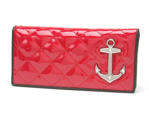 Lux de Ville Bon Voyage Wallet Shiny Red Diamond Stitching Black Trim Anchor