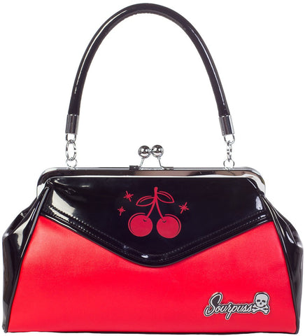 Sourpuss Cherry Backseat Baby Kiss Lock Purse in Red and Black