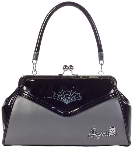 Sourpuss Spiderweb Kiss Lock Backseat Baby Purse Handbag in Black and Grey