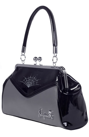 Sourpuss Spiderweb Kiss Lock Backseat Baby Purse Handbag in Black and Grey