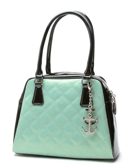 Lux de Ville Bon Voyage Tote Purse Diamond Stitching in Black and Baby Green Sparkle