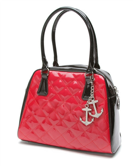 Lux de Ville Bon Voyage Tote Purse in Black and Shiny Red Diamond Stitching