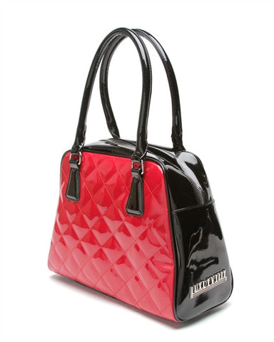 Lux de Ville Bon Voyage Tote Purse in Black and Shiny Red Diamond Stitching