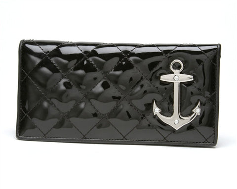 Lux de Ville Bon Voyage Wallet in Shiny Black with Diamond Stitching and Anchor