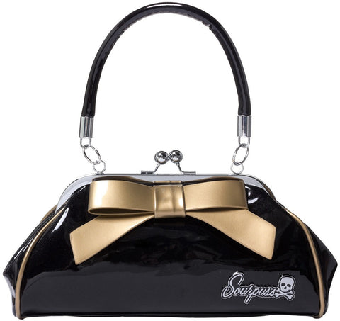 Sourpuss Kiss Lock Floozy Purse Metallic Black with Gold Bow Rockabilly Hot Rod