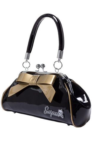 Sourpuss Kiss Lock Floozy Purse Metallic Black with Gold Bow Rockabilly Hot Rod