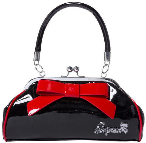 Sourpuss Kiss Lock Floozy Purse Metallic Black with Red Bow Rockabilly Hot Rod