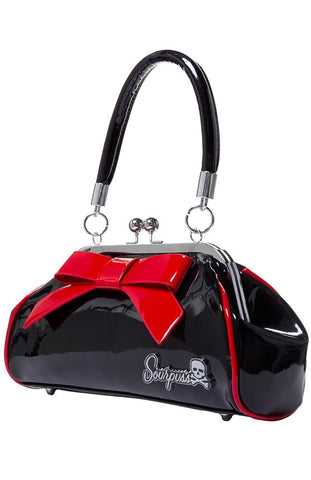 Sourpuss Kiss Lock Floozy Purse Metallic Black with Red Bow Rockabilly Hot Rod