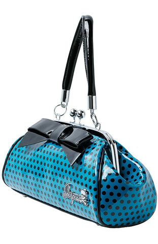 Sourpuss Floozy Kiss Lock Purse Blue and Black Polka Dot Black Bow Hot Rod