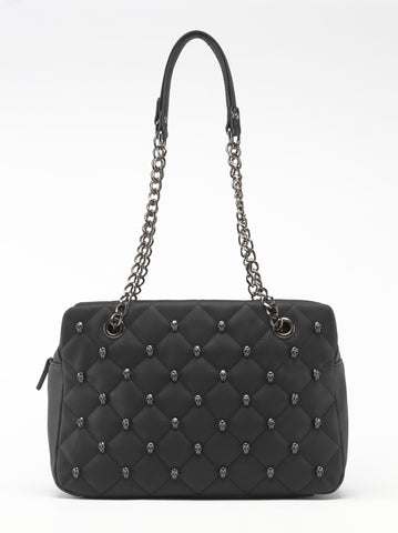 Diamond Quilted Skulls Studded Handbag Purse in Black