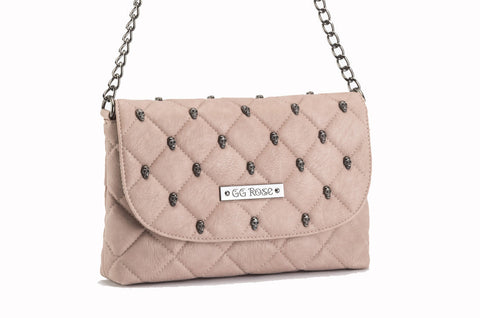 Diamond Quilted Skulls Studded Cross Body Bag in Blush Pink