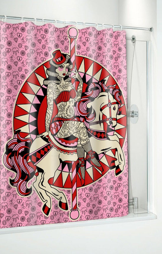 Carousel Horse Fabric Shower Curtain and Rings