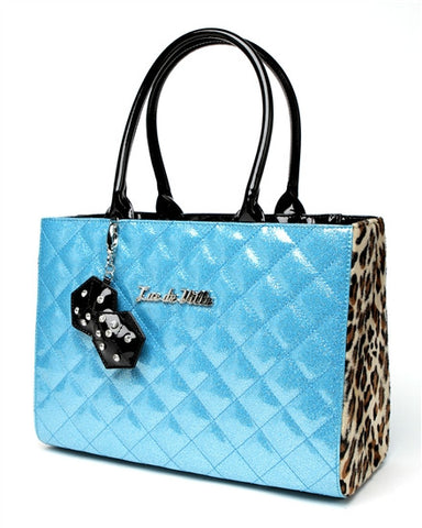Lux de Ville Lucky Me Large Tote Bag Purse with Dice in Blue Sparkle and Leopard