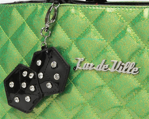 Lux de Ville Lucky Me Large Tote Bag Purse with Dice in Lime Green Sparkle and Leopard