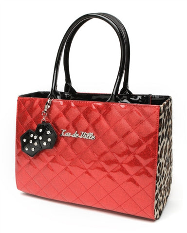 Lux de Ville Lucky Me Large Tote Bag Purse with Dice Red Sparkle and Leopard