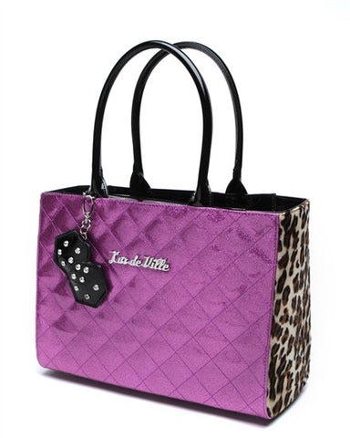 Lux de Ville Lucky Me Large Tote Bag Purse with Dice in Violet Sparkle and Leopard