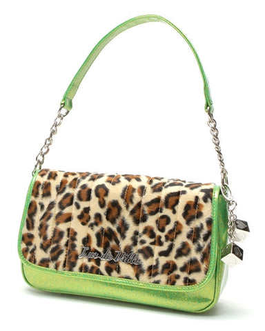 Lux de Ville Mini Gambler Tote Purse in Lime Green Sparkle with Leopard Fur