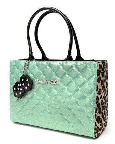 Lux de Ville Lucky Me Large Tote Bag Purse with Dice Baby Green Sparkle and Leopard