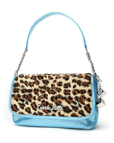 Lux de Ville Mini Gambler Tote Purse in Blue Sparkle with Leopard Fur