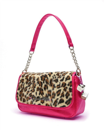 Lux de Ville Mini Gambler Tote Purse in Pink Sparkle with Leopard Fur