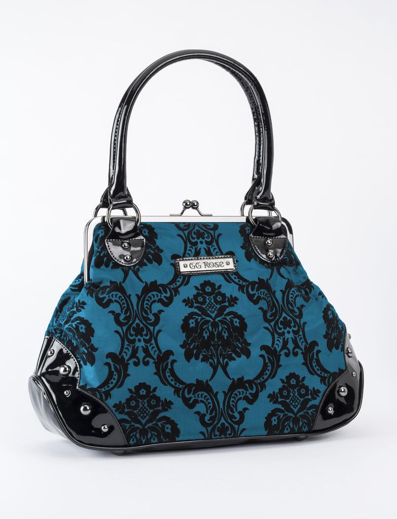 Mistress Kiss Lock Handbag Purse in Blue Bayou Damask