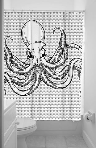 Octopus Shower Curtain in Black and White with Rings