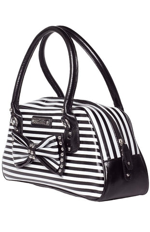 Black and White Striped Purse Handbag with Bow and Studs