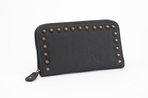 Stella Studded Zip Around Wallet with Leopard Satin Lining Black