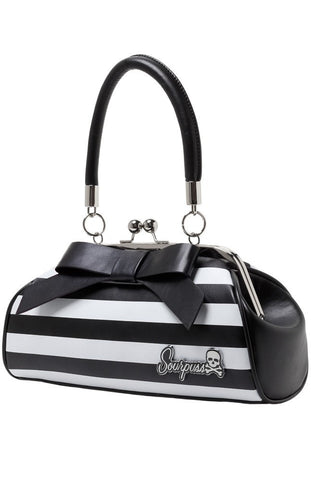 Sourpuss Floozy Kiss Lock Purse Black White Striped with Bow