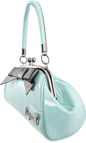 Sourpuss Kiss Lock Floozy Purse in Aqua Blue with Black Bow Rockabilly Hot Rod