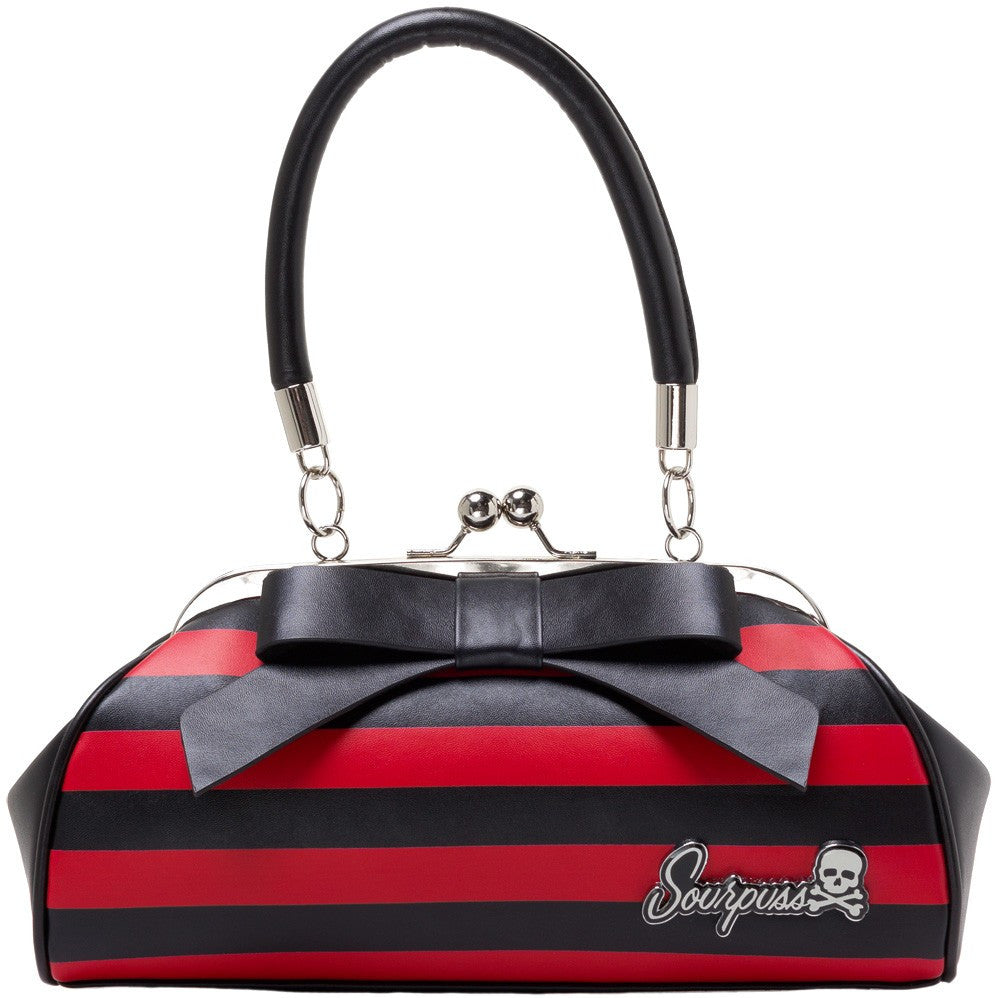 Sourpuss Floozy Kiss Lock Purse Black Red Striped with Bow