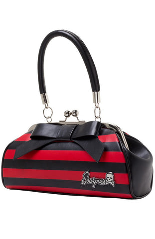 Sourpuss Floozy Kiss Lock Purse Black Red Striped with Bow