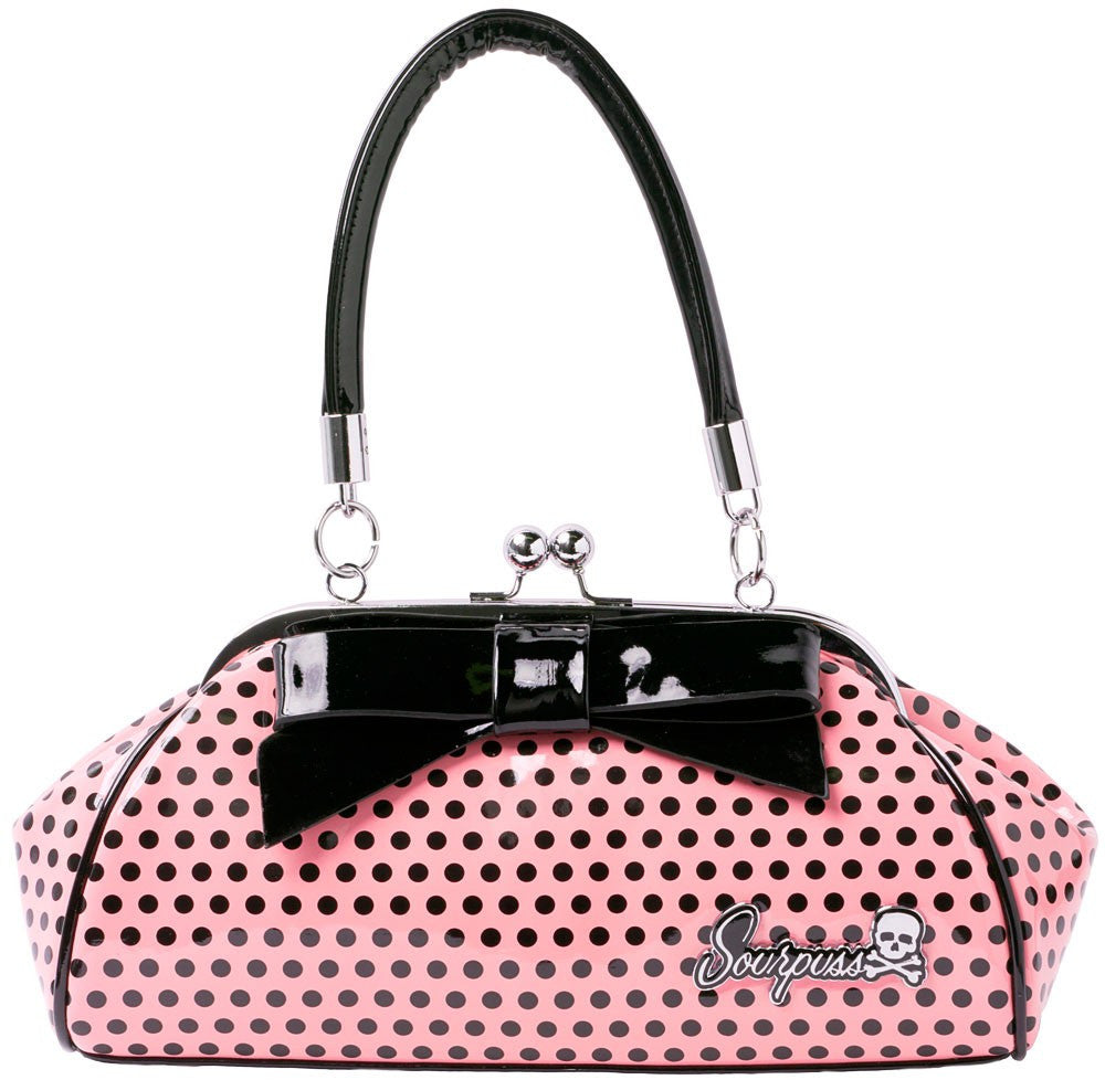 Sourpuss Floozy Kiss Lock Purse Pink Black Polka Dot with Bow