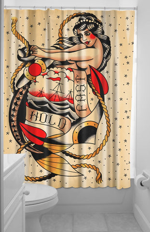 Hold Fast Shower Curtain Sailor Mermaid Tattoo