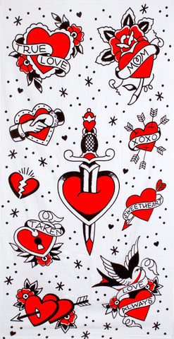 Tattooed Hearts Red and White Beach Towel